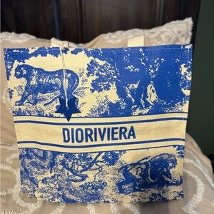 Christian Dior Blue Ivory woven Novelty Tiger Tote Bag GWP